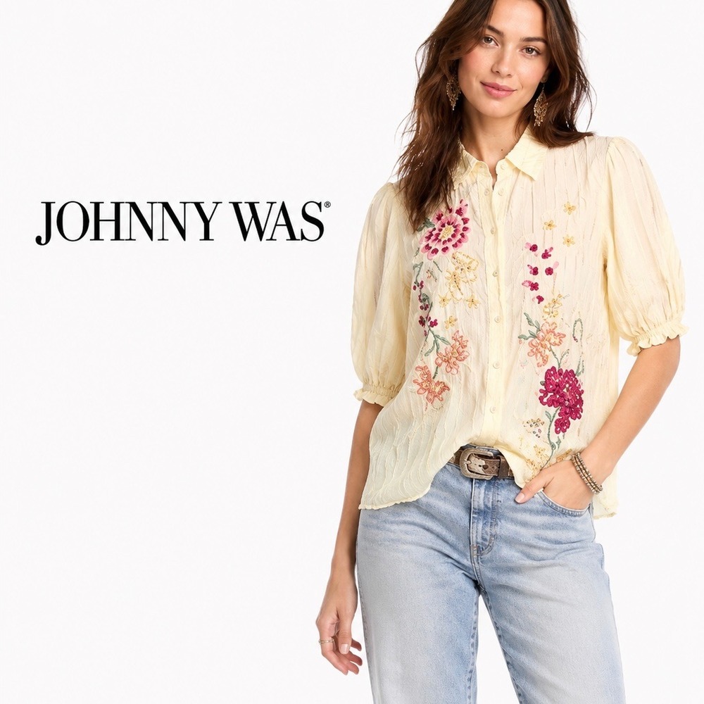 Johnny Was Yellow‎ Smocked Lisbon Shirt Sarai Silk Embroidered Blouse W11425-4 L